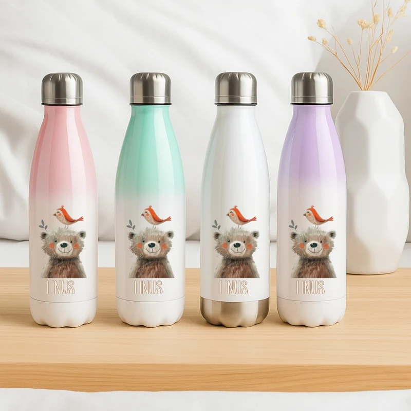 Kinderflasche mit Namen und Tiermotiven