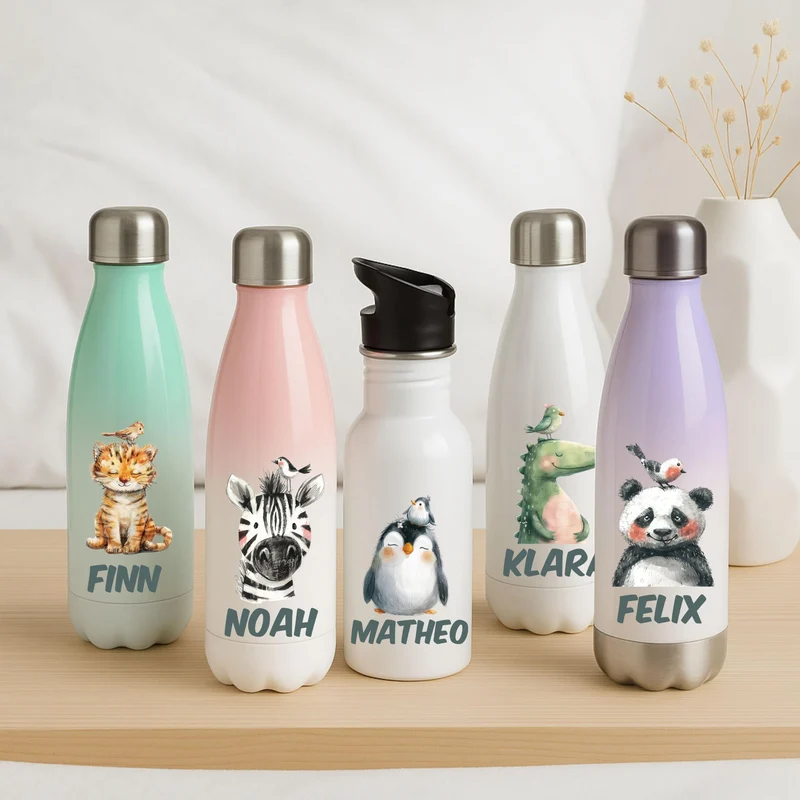Thermo Trinkflasche für Kinder – Bunte Tiermotive und Name