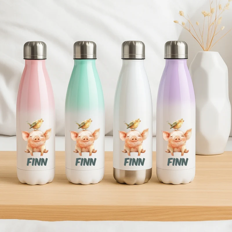 Thermo Trinkflasche für Kinder – Bunte Tiermotive und Name