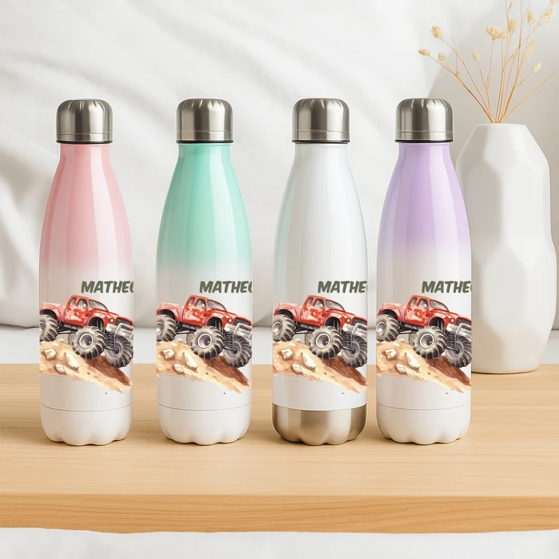 Edelstahl Trinkflasche für Kinder personalisiert mit Auto Motiven
