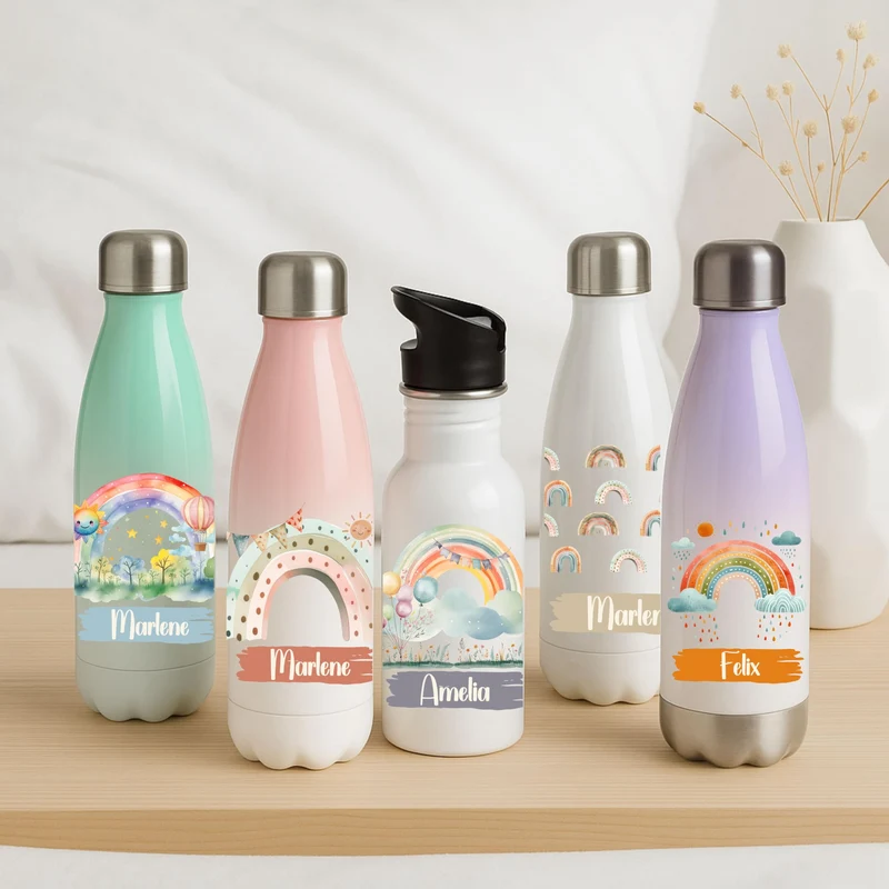 Isolierflasche für Kinder – Regenbogen Motive mit Namen