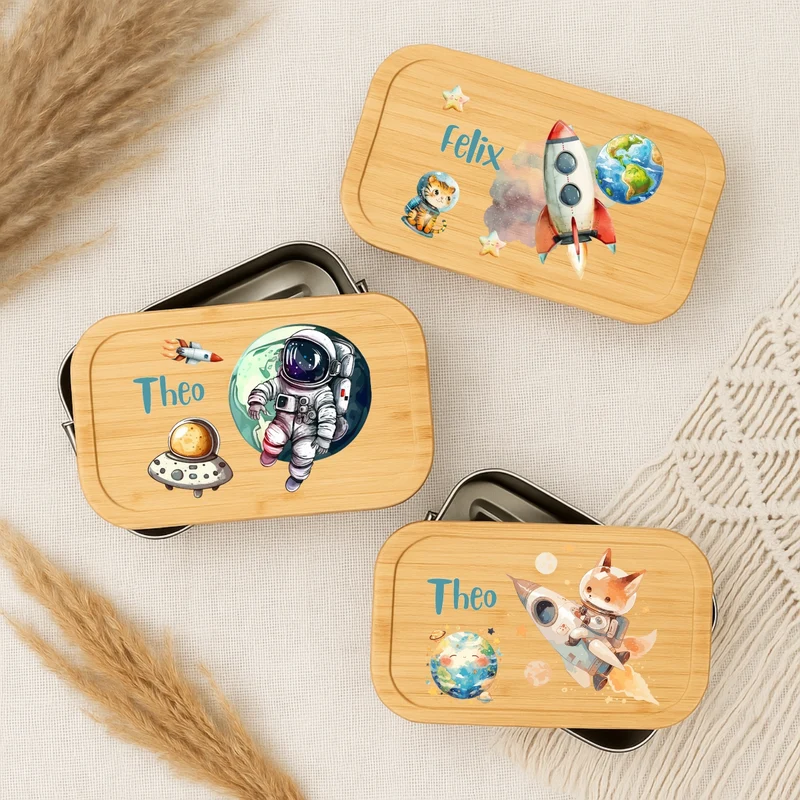 Brotdose Kinder Weltall – Lunchbox mit Bambusdeckel & Name