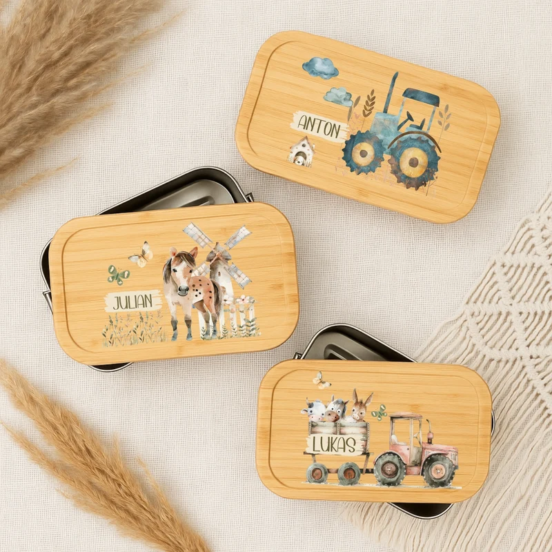 Brotdose Kinder Bauernhof – Lunchbox mit Bambusdeckel & Name