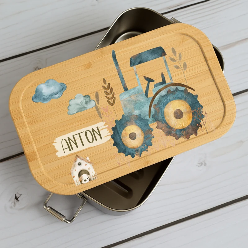 Brotdose Kinder Bauernhof – Lunchbox mit Bambusdeckel & Name