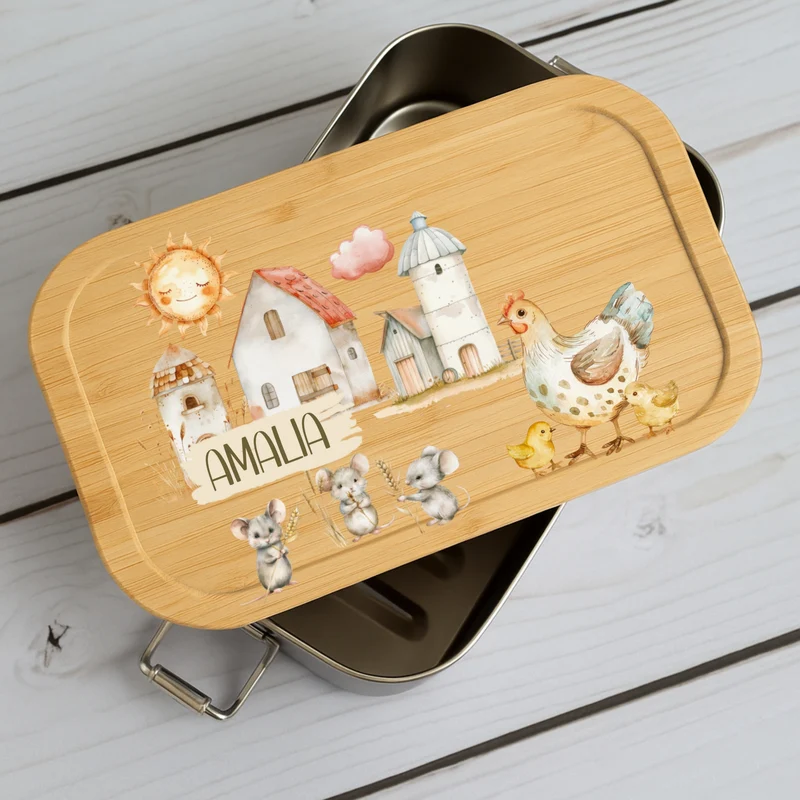 Brotdose Kinder Bauernhof – Lunchbox mit Bambusdeckel & Name
