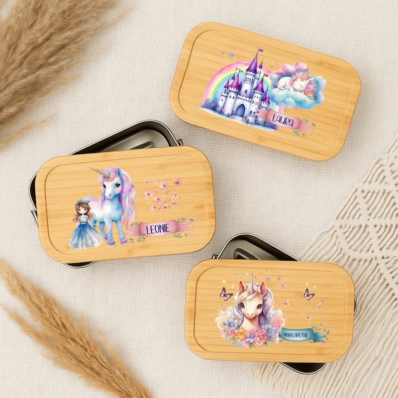 Brotdose Kinder Einhorn – Lunchbox mit Bambusdeckel & Name