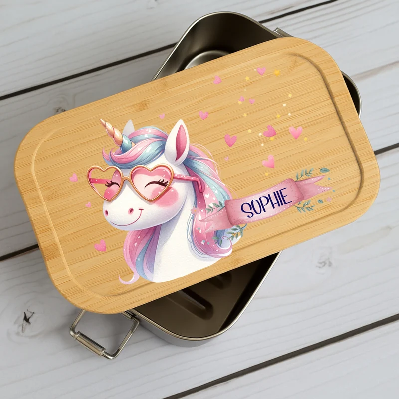 Brotdose Kinder Einhorn – Lunchbox mit Bambusdeckel & Name