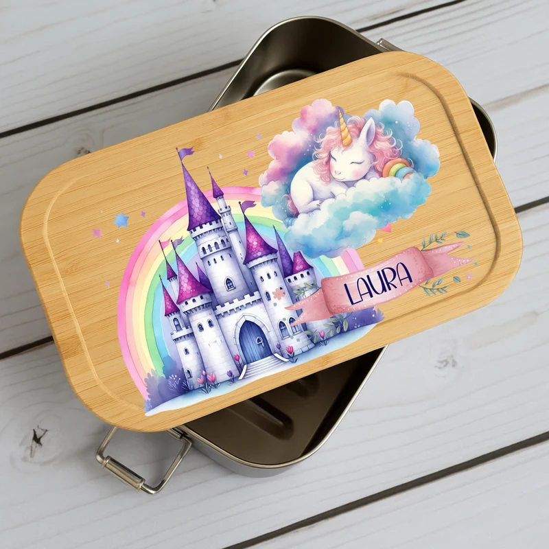 Brotdose Kinder Einhorn – Lunchbox mit Bambusdeckel & Name