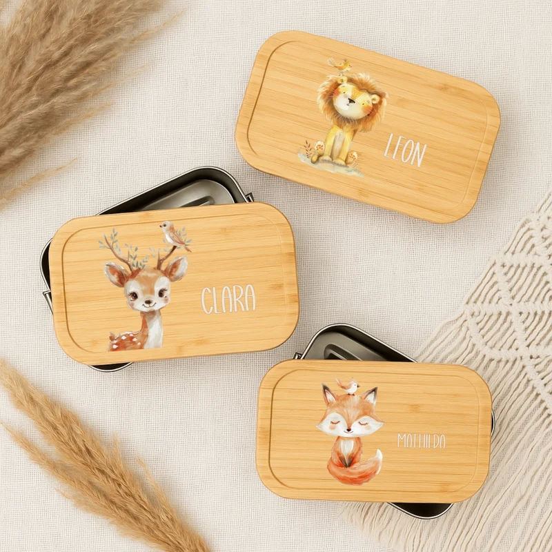 Brotdose Kinder Beige Tiere – Lunchbox mit Bambusdeckel & Name