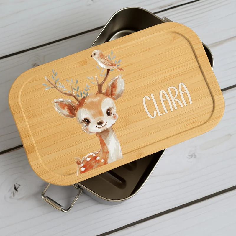 Brotdose Kinder Beige Tiere – Lunchbox mit Bambusdeckel & Name