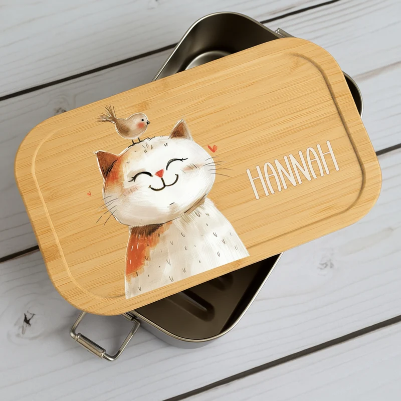 Brotdose Kinder Beige Tiere – Lunchbox mit Bambusdeckel & Name