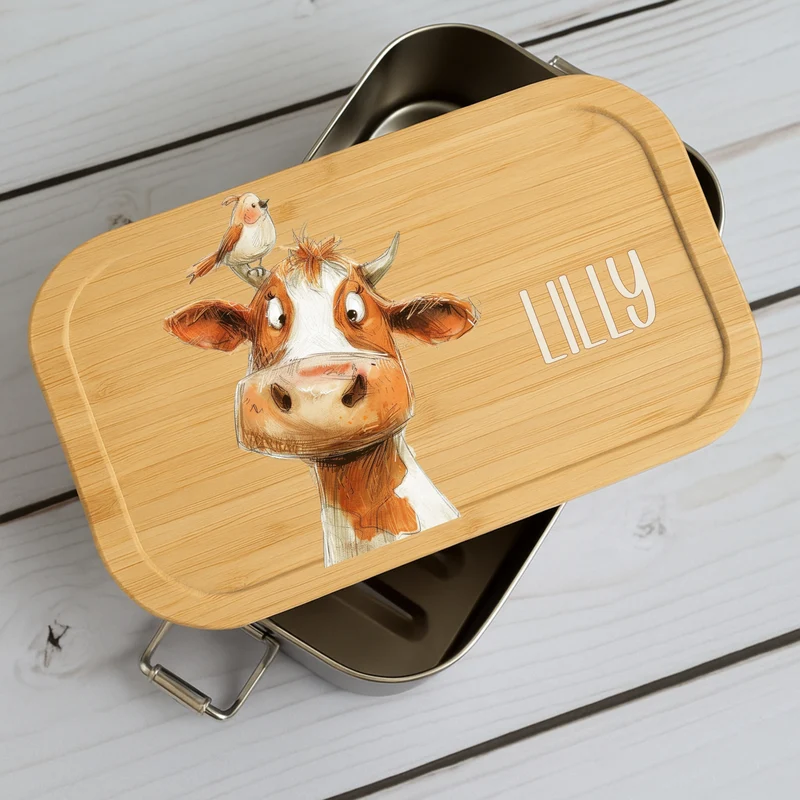 Brotdose Kinder Beige Tiere – Lunchbox mit Bambusdeckel & Name
