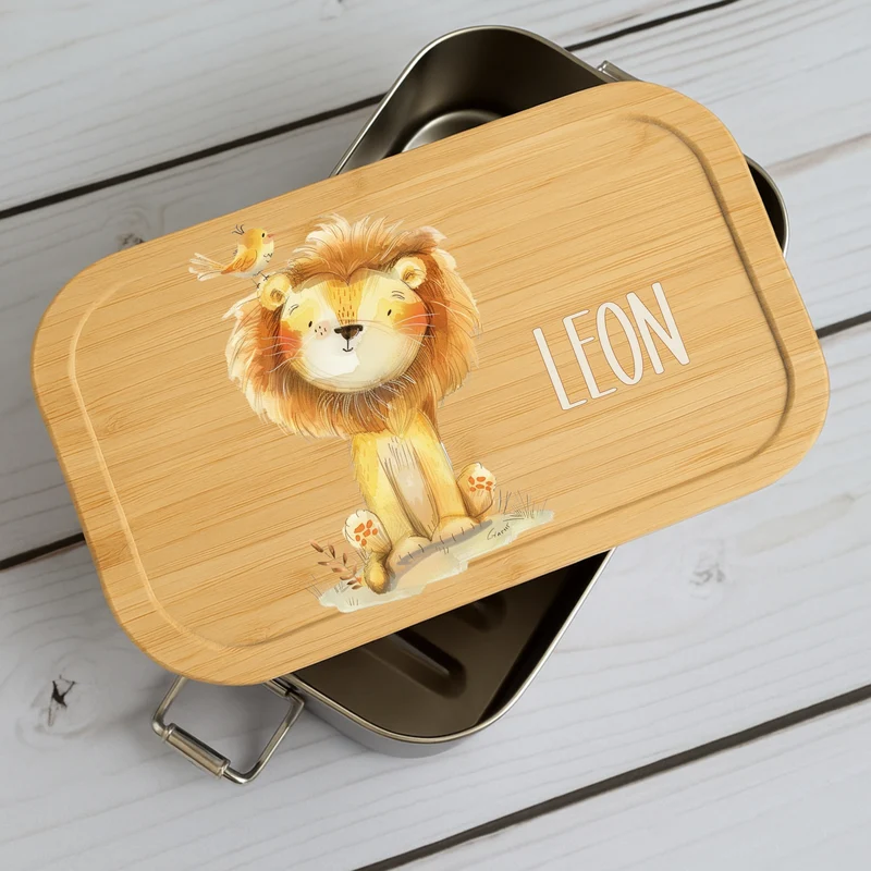 Brotdose Kinder Beige Tiere – Lunchbox mit Bambusdeckel & Name