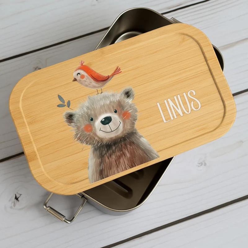 Brotdose Kinder Beige Tiere – Lunchbox mit Bambusdeckel & Name