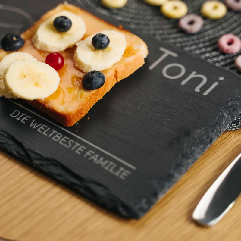 Frühstücksbrettchen für Kinder mit Gravur - Personalisiert mit Namen - Großer Sohn "Unsere Familie" | Schieferstein - Geschenk von Eltern
