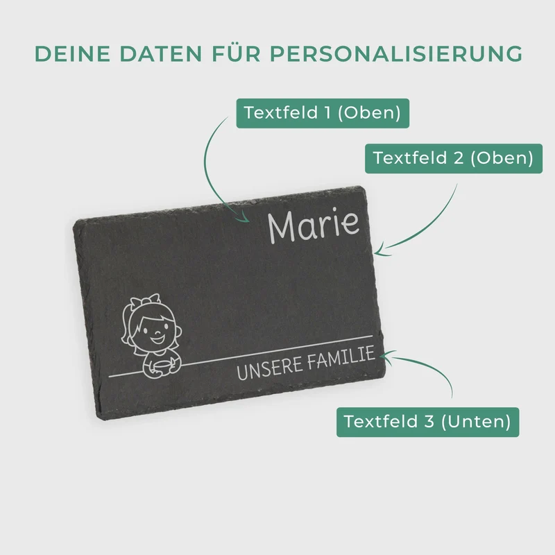 Frühstücksbrettchen für Kinder mit Gravur - Personalisiert mit Namen - Kleine Tochter "Unsere Familie" | Schieferstein - Geschenk von Eltern