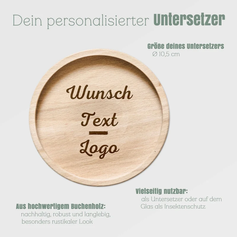 Glasuntersetzer Holz personalisiert - Wunschtext / Logo