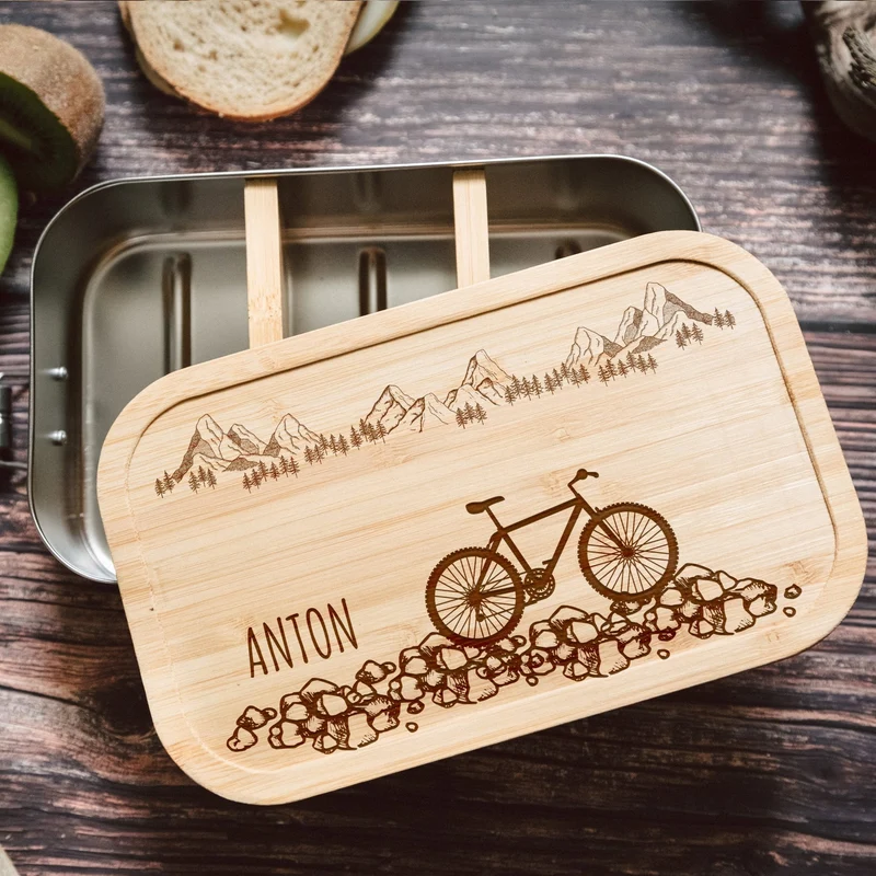 Brotdose Edelstahl personalisiert - Fahrrad Kieselsteine
