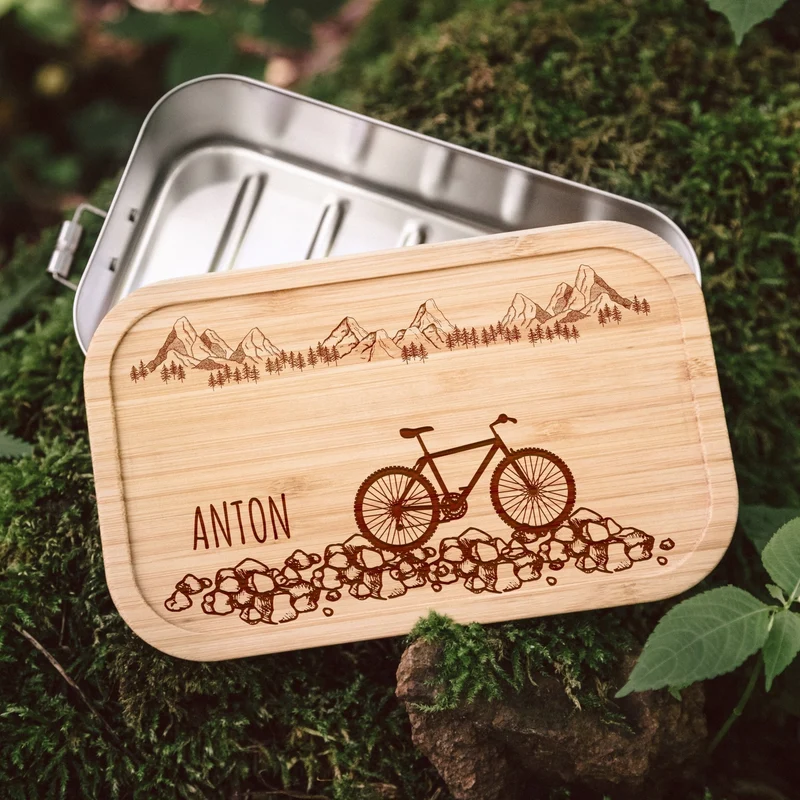 Brotdose Edelstahl personalisiert - Fahrrad Kieselsteine