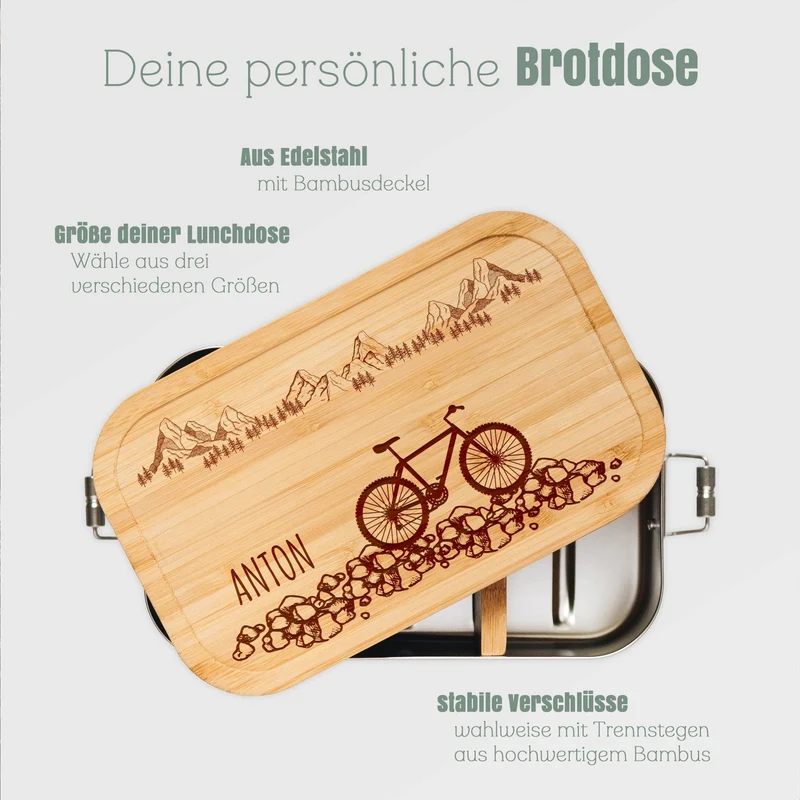 Brotdose Edelstahl personalisiert - Fahrrad Kieselsteine