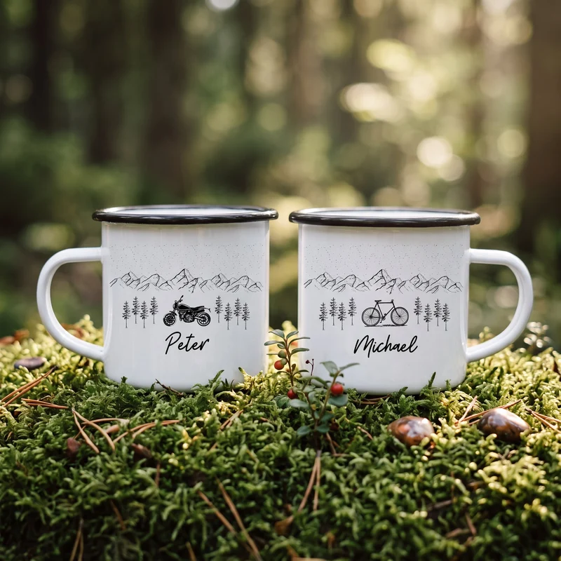 Emaille Tasse personalisiert - Fahrrad Berge, Motorrad Berge