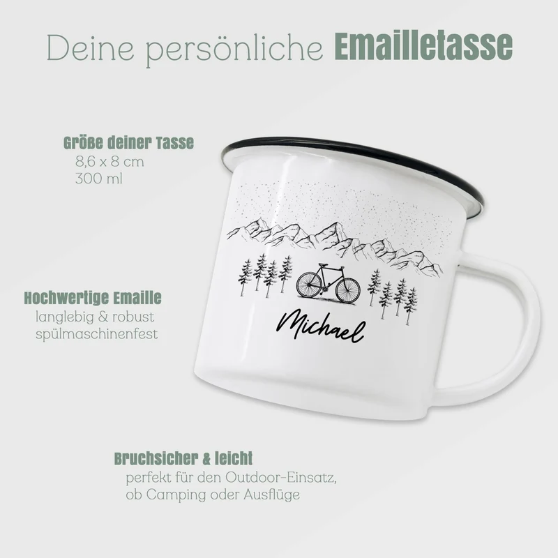 Emaille Tasse personalisiert - Fahrrad Berge, Motorrad Berge