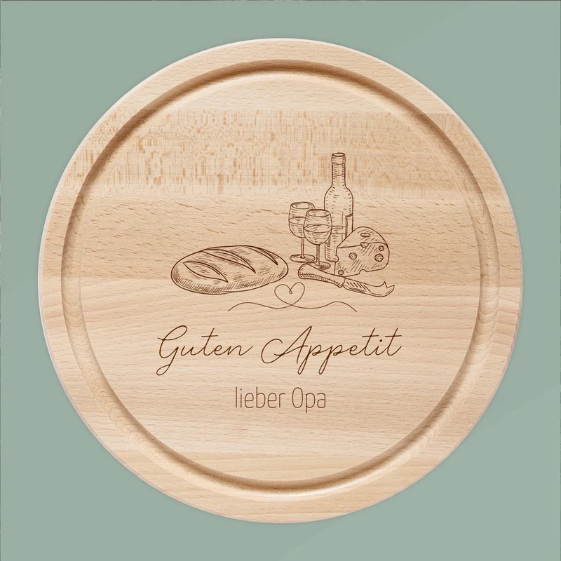 Rundes Holzbrett - Brot Wein Guten Appetit