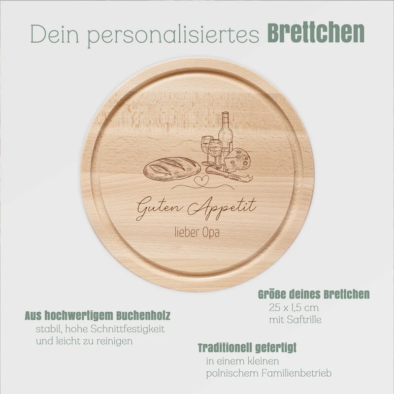 Rundes Holzbrett - Brot Wein Guten Appetit
