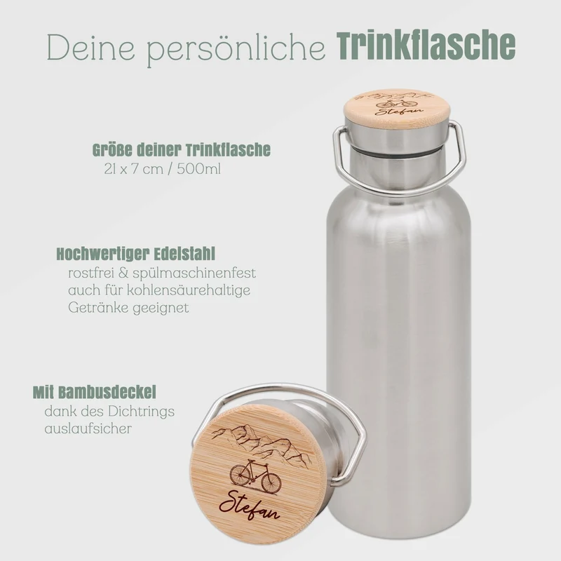 Trinkflasche Edelstahl personalisiert - Fahrrad Berge