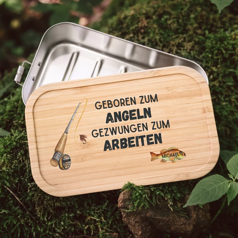 Brotdose Edelstahl - Geboren zum Angeln farbig
