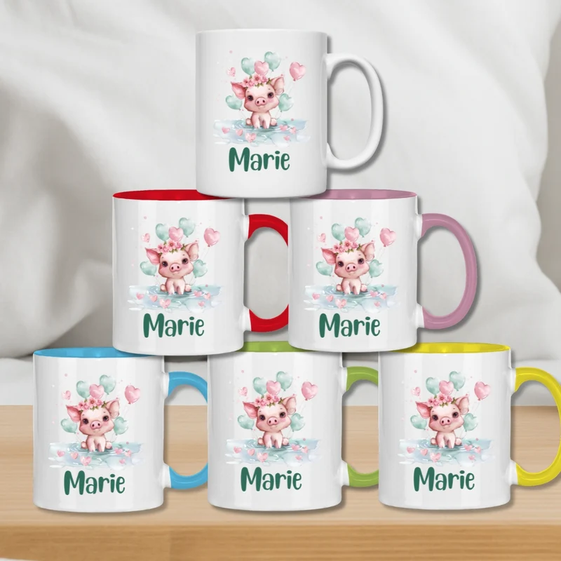 Kindertasse personalisiert – Keramiktasse mit grünen Tieren und Namen