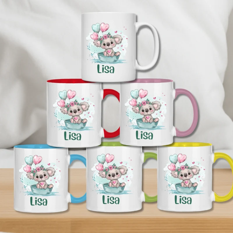 Kindertasse personalisiert – Keramiktasse mit grünen Tieren und Namen