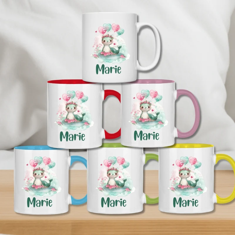 Kindertasse personalisiert – Keramiktasse mit grünen Tieren und Namen