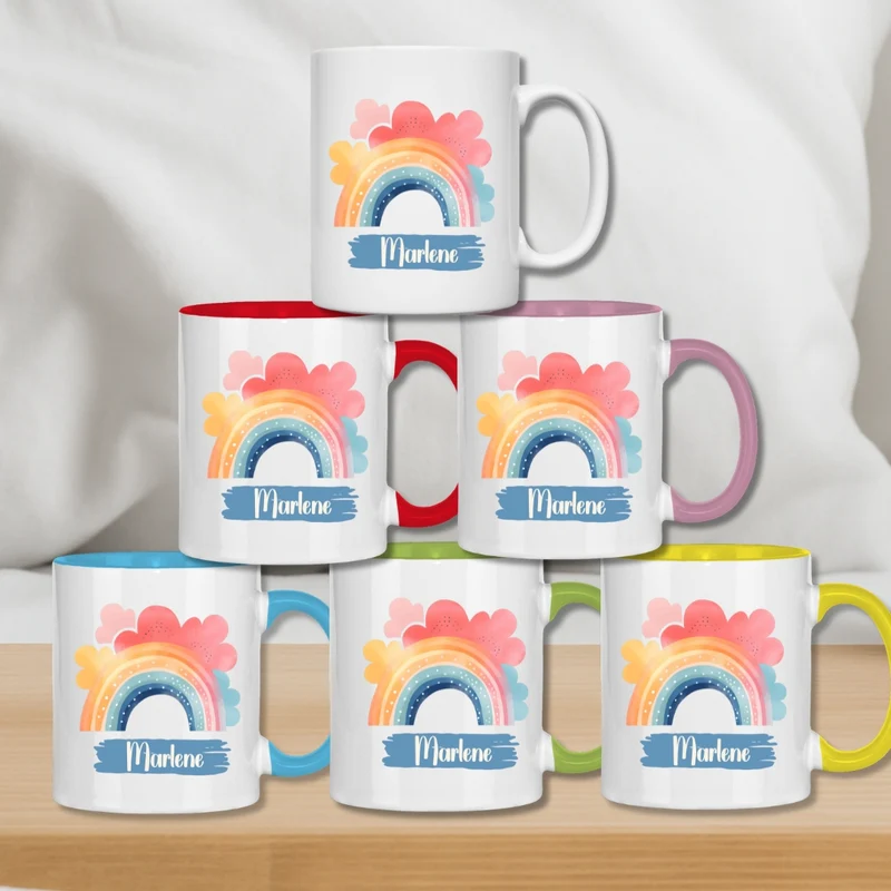 Kindertasse personalisiert – Keramiktasse mit Regenbogen und Namen
