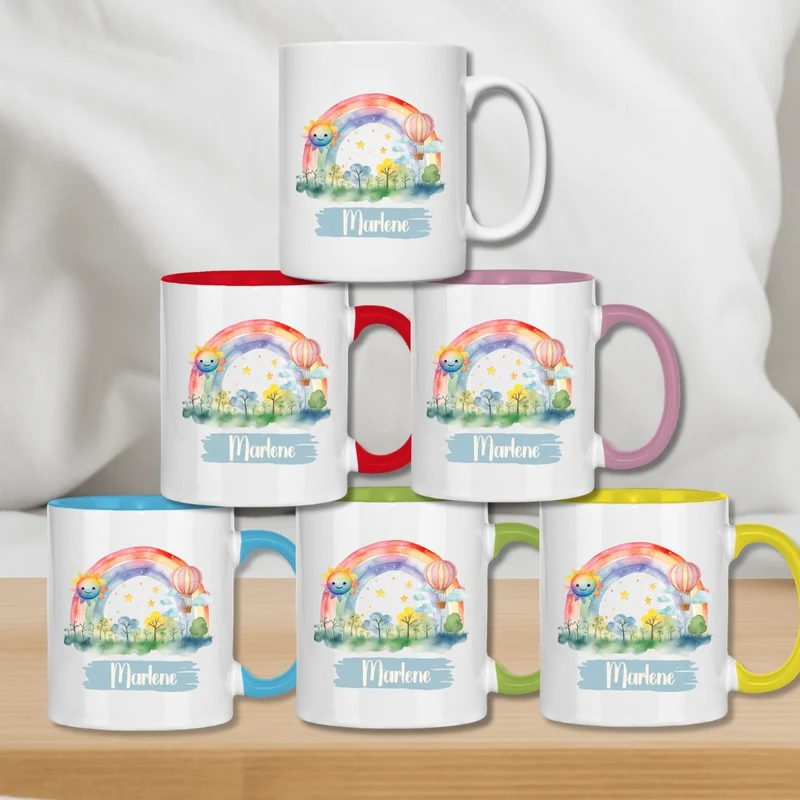 Kindertasse personalisiert – Keramiktasse mit Regenbogen und Namen