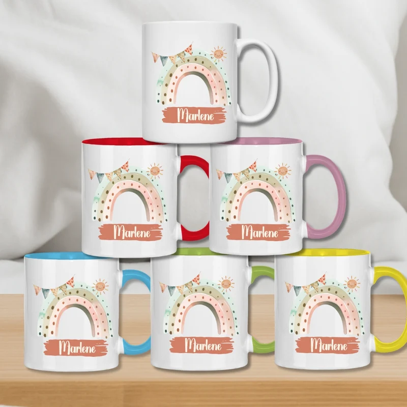 Kindertasse personalisiert – Keramiktasse mit Regenbogen und Namen