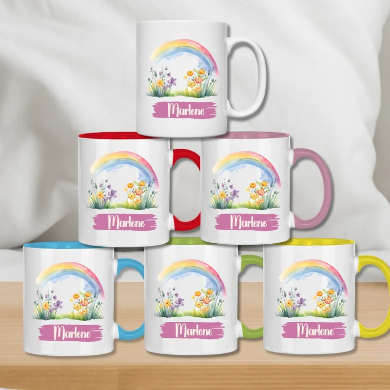 Kindertasse personalisiert – Keramiktasse mit Regenbogen und Namen