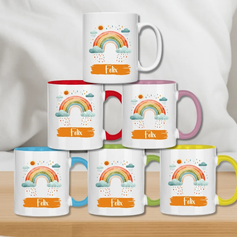 Kindertasse personalisiert – Keramiktasse mit Regenbogen und Namen