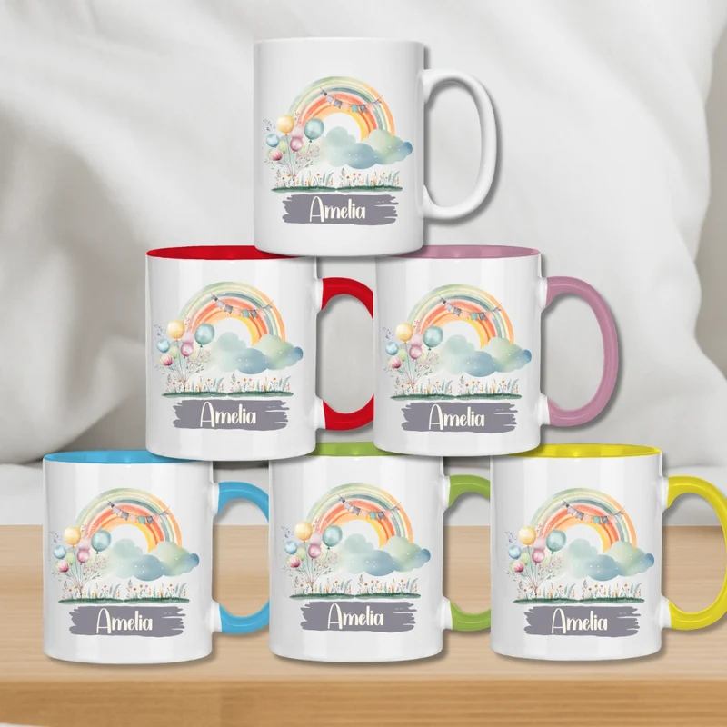 Kindertasse personalisiert – Keramiktasse mit Regenbogen und Namen
