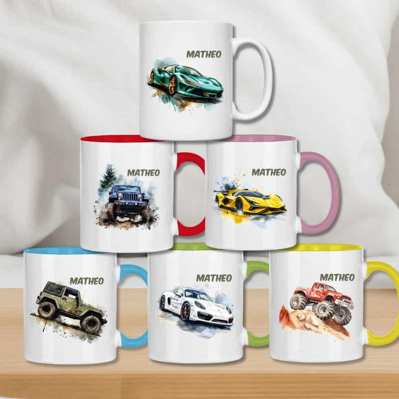 Kindertasse personalisiert – Keramiktasse mit Auto oder Rennwagen und Namen