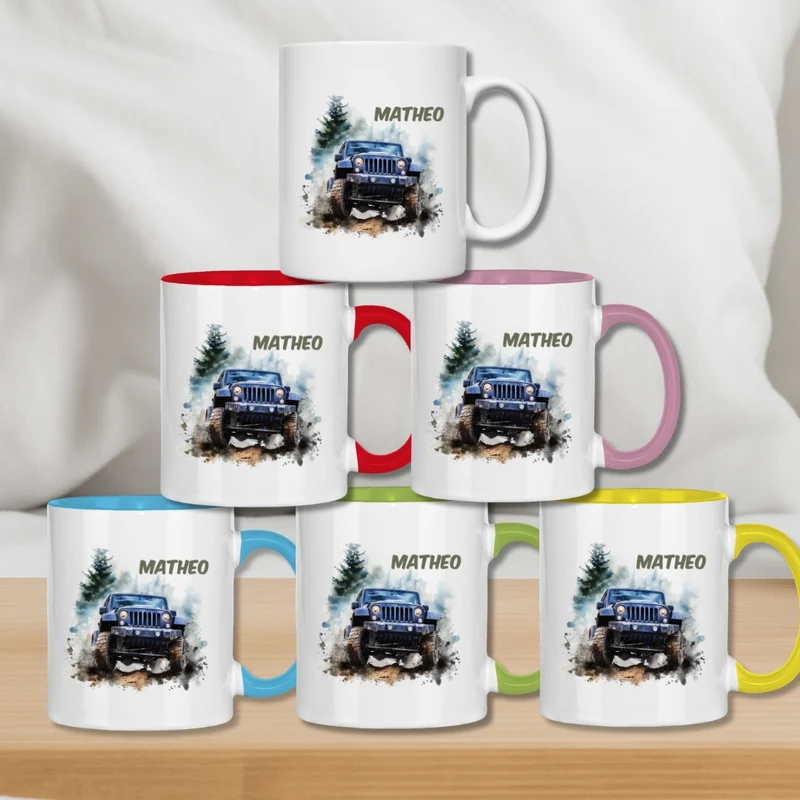 Kindertasse personalisiert – Keramiktasse mit Auto oder Rennwagen und Namen