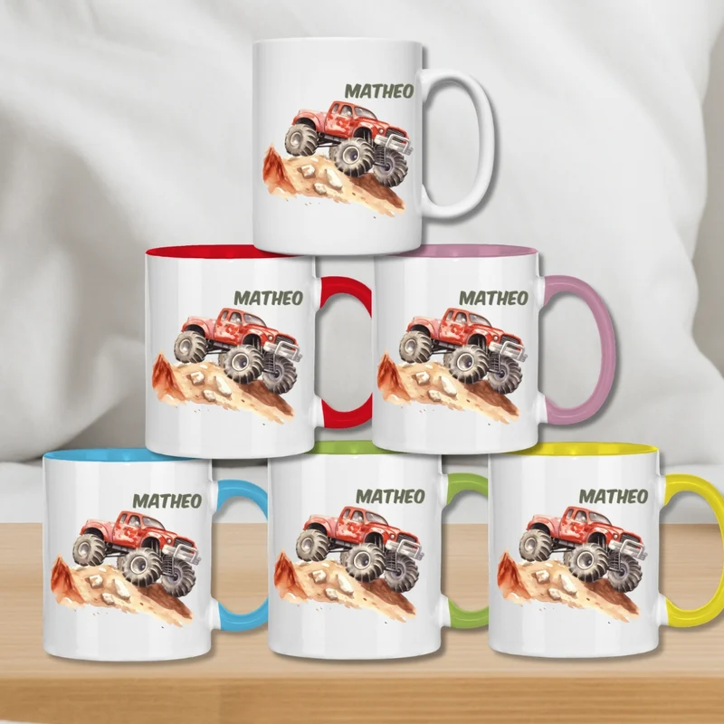 Kindertasse personalisiert – Keramiktasse mit Auto oder Rennwagen und Namen