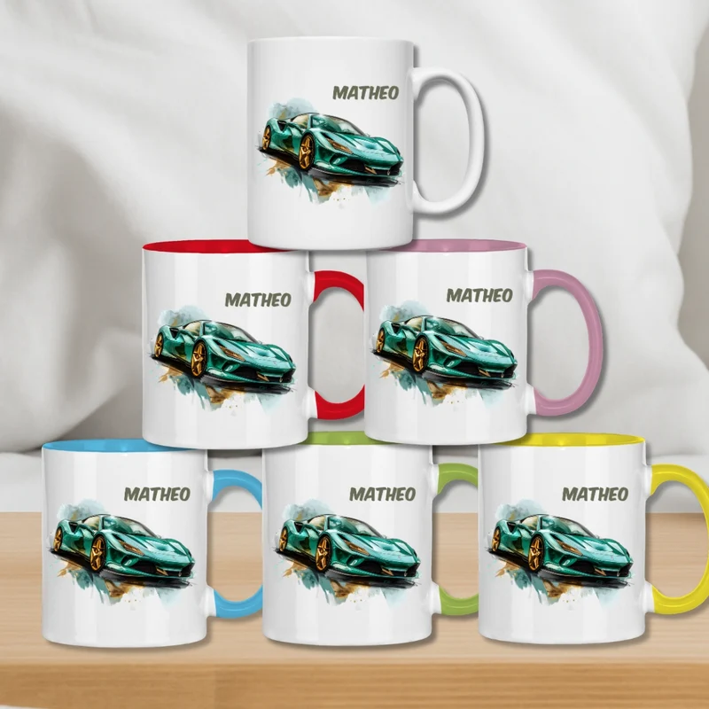Kindertasse personalisiert – Keramiktasse mit Auto oder Rennwagen und Namen