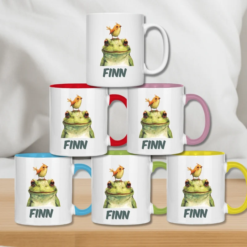 Kindertasse personalisiert – Keramiktasse mit bunten Tieren und Namen