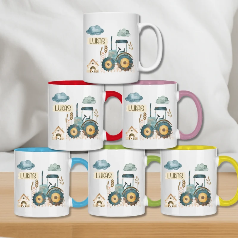Kindertasse personalisiert – Keramiktasse mit Traktor und Namen für Kinder