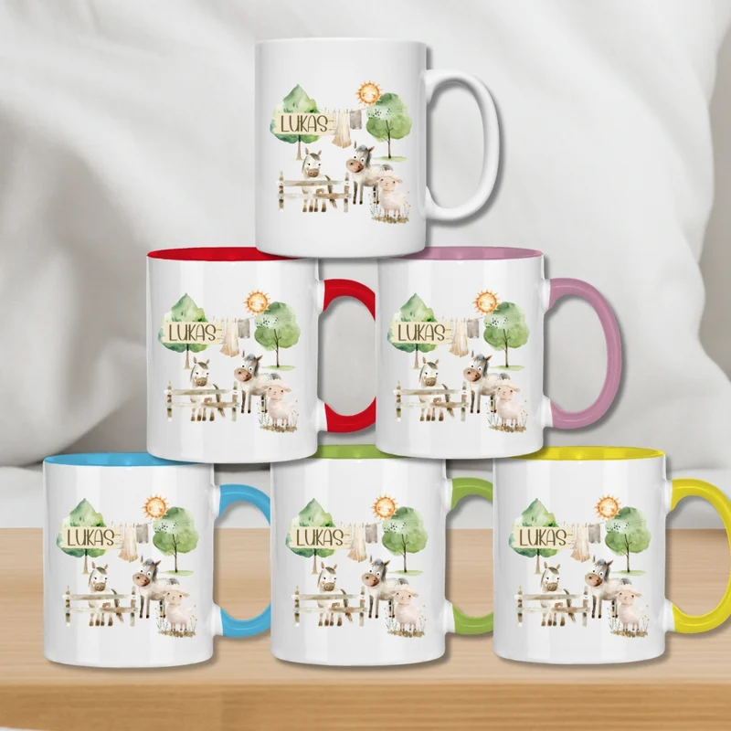 Kindertasse personalisiert – Keramiktasse mit Traktor und Namen für Kinder