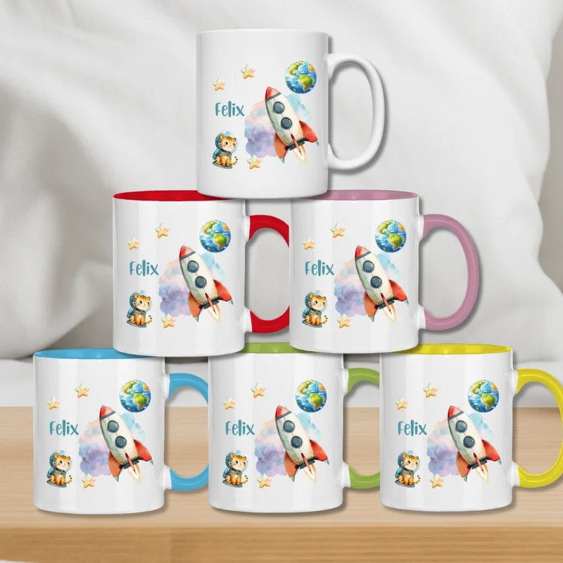 Kindertasse personalisiert – Keramiktasse mit Weltall, Rakete und Namen