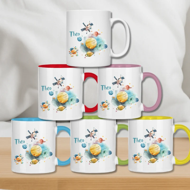 Kindertasse personalisiert – Keramiktasse mit Weltall, Rakete und Namen