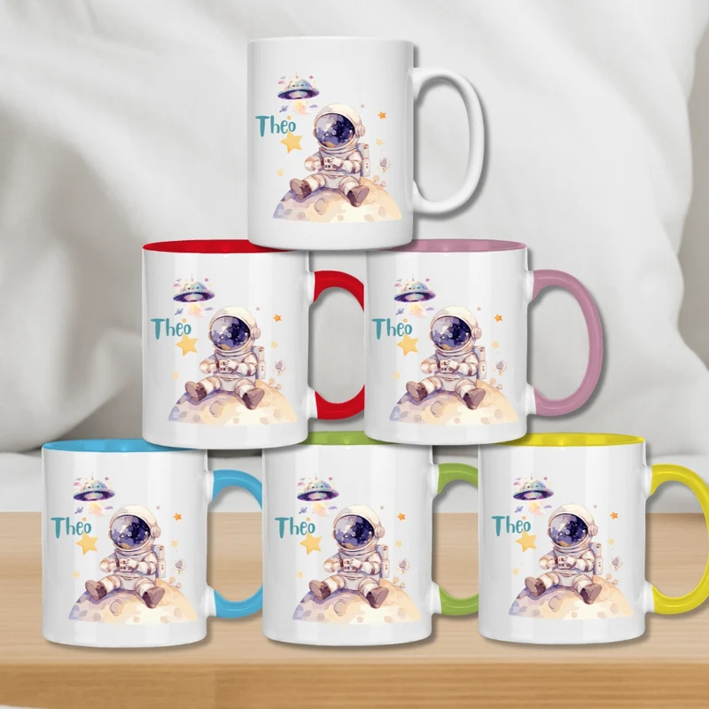 Kindertasse personalisiert – Keramiktasse mit Weltall, Rakete und Namen