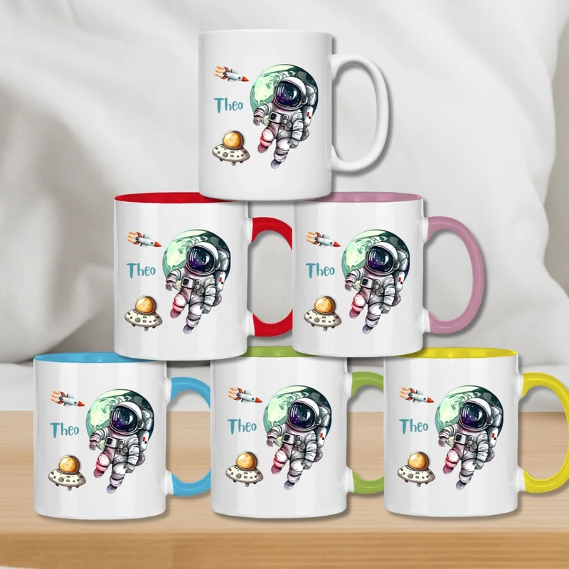 Kindertasse personalisiert – Keramiktasse mit Weltall, Rakete und Namen